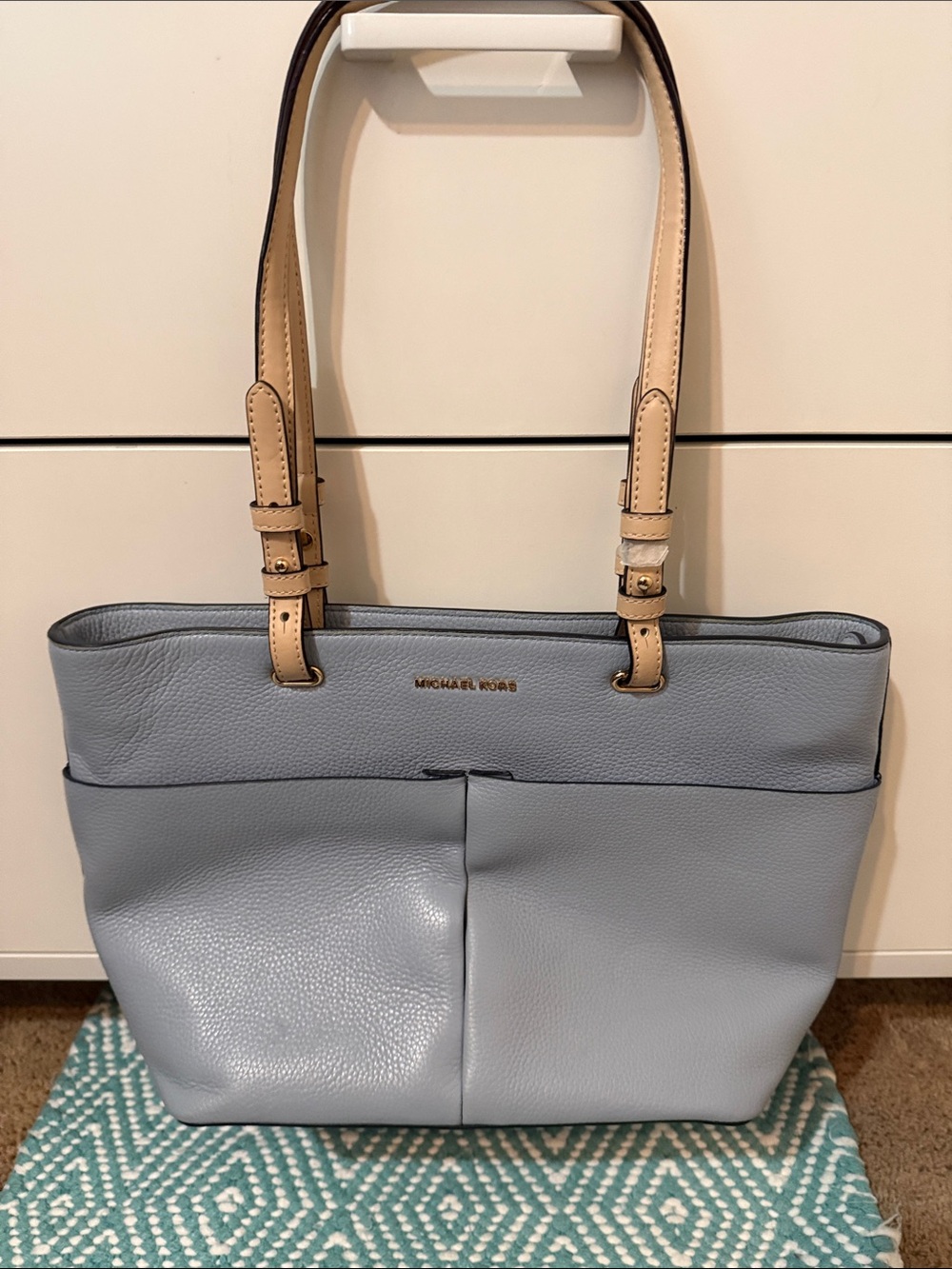 Michael Kors Light Blue Leather Tote with Tan Handles